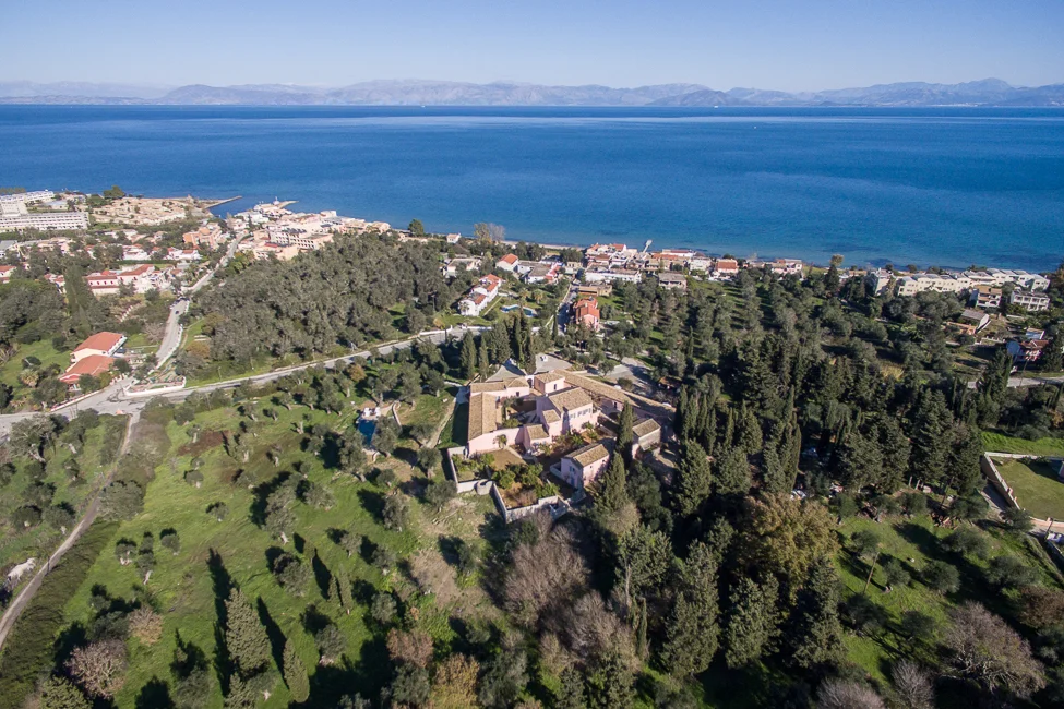 Aerial view of The Courti Estate, and surrounding villages overlooking the sea and mountains.