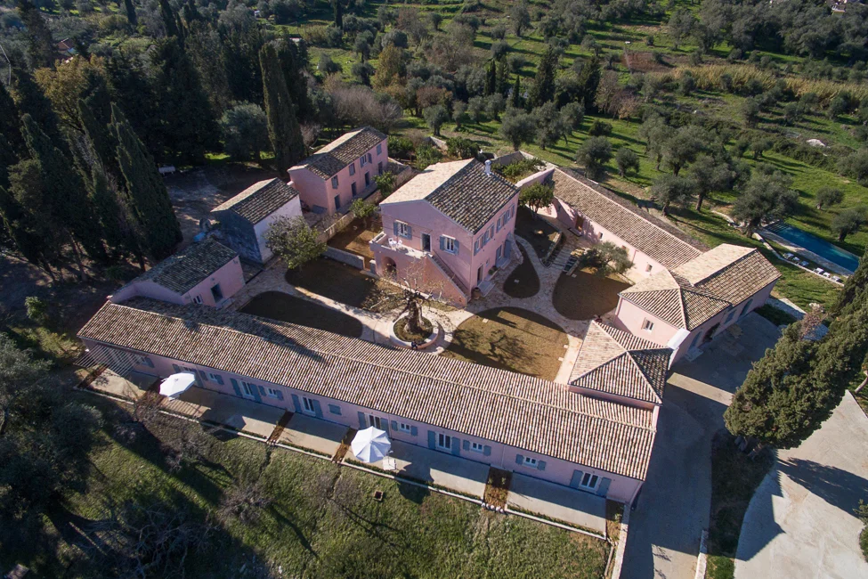 Aerial view of The Courti Estate, and surrounding garden with trees